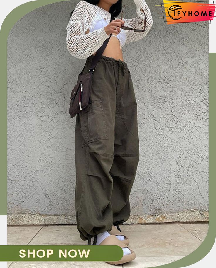 Classic and Fresh Pants High Waist Khaki Casual Cargo Pants, Baggy Tapered Leg Utility Bottoms, Casual Wide Leg Bottoms For Outdoor, Casual High Waist Khaki Harem Pants, Baggy Pants For Outdoor Spring Activities, Fall Outdoor Pants, Casual Cargo Pants With Tapered Leg, Khaki High Waist Loosely Fitted Parachute Pants, Baggy Khaki Ankle-length Pants