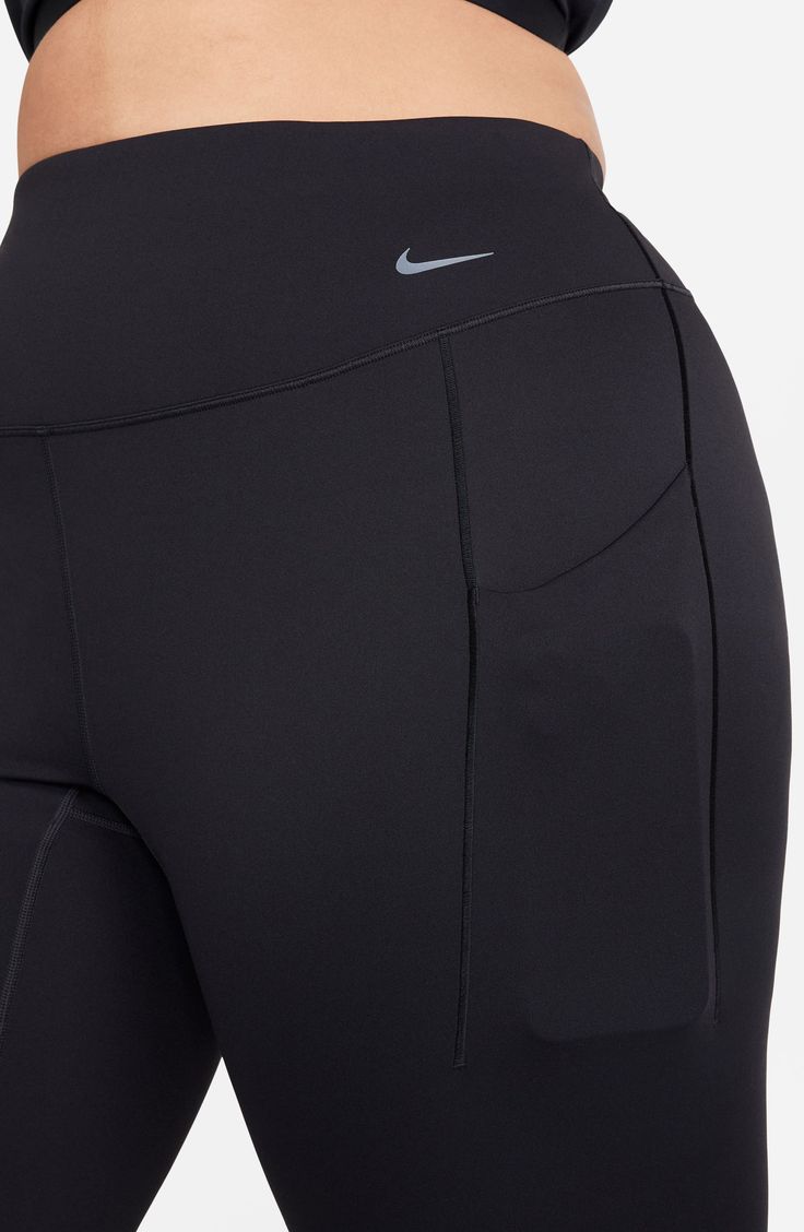 A classic Nike Swoosh marks the high waistband of sleek, moisture-wicking leggings that are an ideal workout partner. 23 1/2" inseam; 10" leg opening; 15" front rise; 17" back rise (size 3X) Extra-wide waistband Drop-in pockets Dri-FIT moisture-wicking technology InfinaSmooth midweight fabric Lined gusset 76% nylon, 24% spandex Machine wash, tumble dry Imported Nike Compression Activewear, Black Yoga Pants With Comfort Waistband For Workout, Nike Activewear With Comfort Waistband, Black Activewear With Comfort Waistband For Workout, Nike Sportswear With Comfort Waistband, Sporty Black Leggings With Comfort Waistband, Black Leggings With Comfort Waistband For Workout, Black Compression Activewear With Comfort Waistband, Nike Leggings For Sports