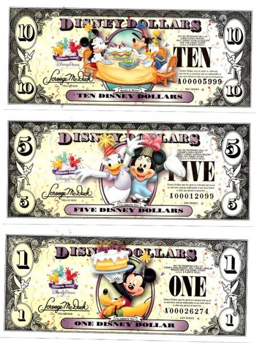 three disney dollar bills with mickey mouse and pluto the mouse on them, one is $ 10