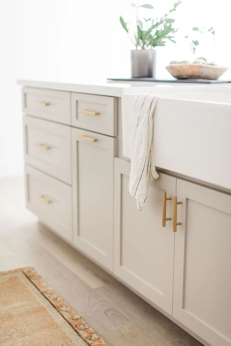 a kitchen with white cabinets and gold pulls on the handles, along with a potted plant