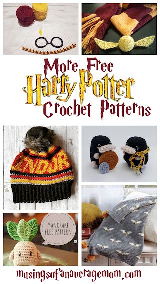 harry potter crochet patterns for hats, scarves and mittens with text overlay that says more free harry potter crochet patterns