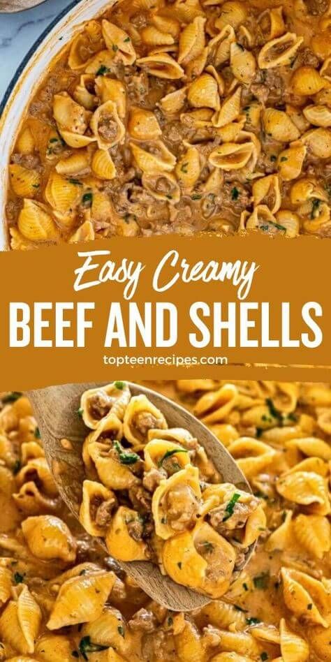 an easy creamy beef and shells casserole in a pan with a wooden spoon