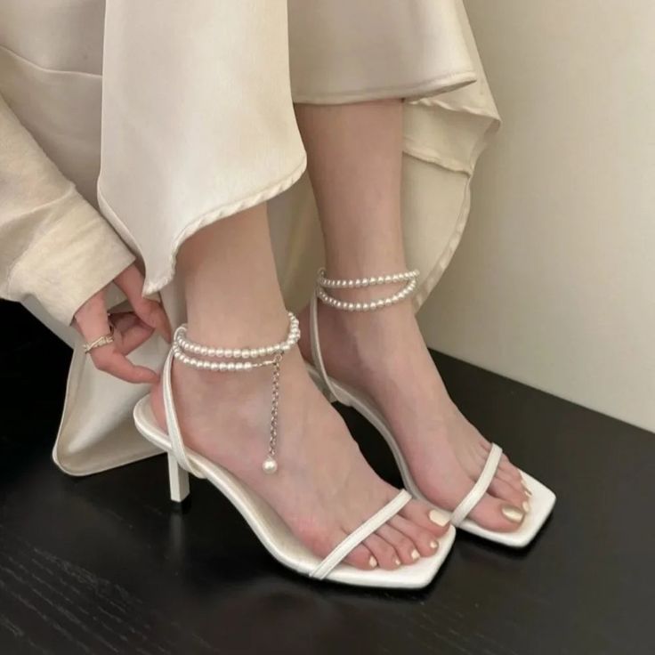 LBSFY - Low Heel Sandals Woman Leather Suit Female Beige Shoes Summer High Heels Low-heeled Fashion Comfort Girls High-heeled Sandals Silver Low Heels, Summer High Heels, Sandals Woman, Leather Suit, Silver High Heels, Modern Sandals, Ankle Sandals, White Sandals Heels, Shopping Party