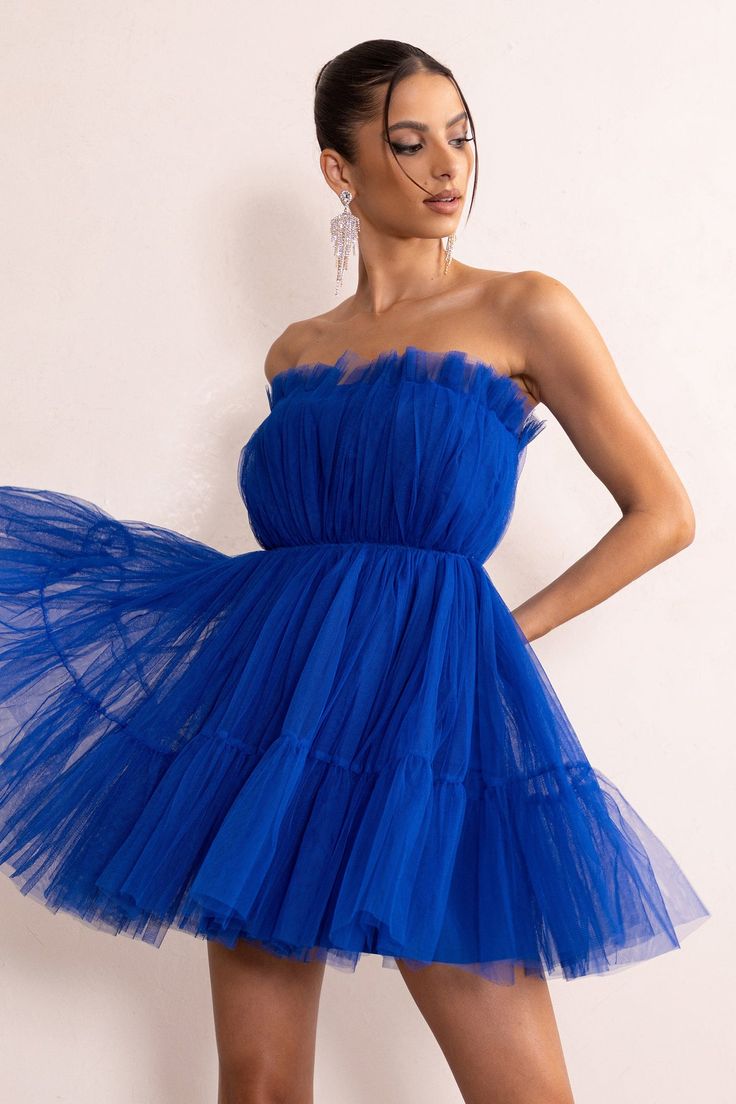 Aella Cobalt Blue Bandeau Volume Pleated Tulle Mini Dress – Club L London - USA Pleated Tulle, Tulle Mini Dress, Black Dress Prom, Black Tie Gala, Strapless Neckline, Party Dress Long Sleeve, Christmas Party Dress, Bridesmaid Outfit, Pleated Bodice