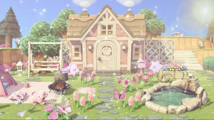 Aesthetic Acnh House Exterior, Animal Crossing Pink House Exterior, Cute Acnh Island Ideas Pink, Acnh Pink House Exterior, Cutecore Island Acnh, Acnh Pink Castle, Pastel Animal Crossing Island, Acnh Pink Entrance, Acnh Island Designs Pink