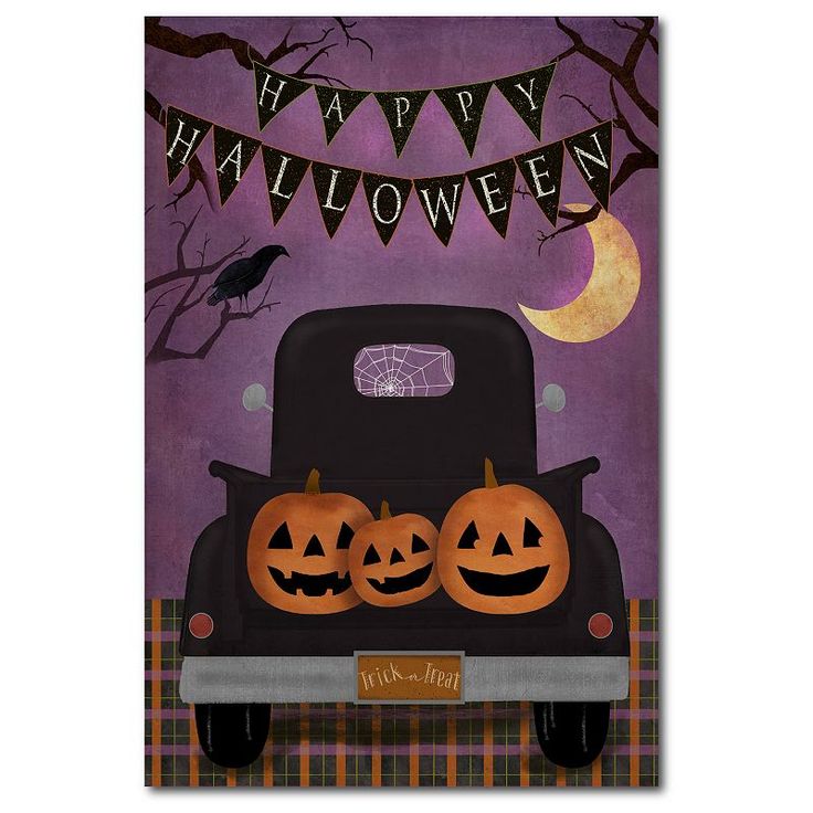 an old truck with jack - o'lanterns on the back in front of a full moon