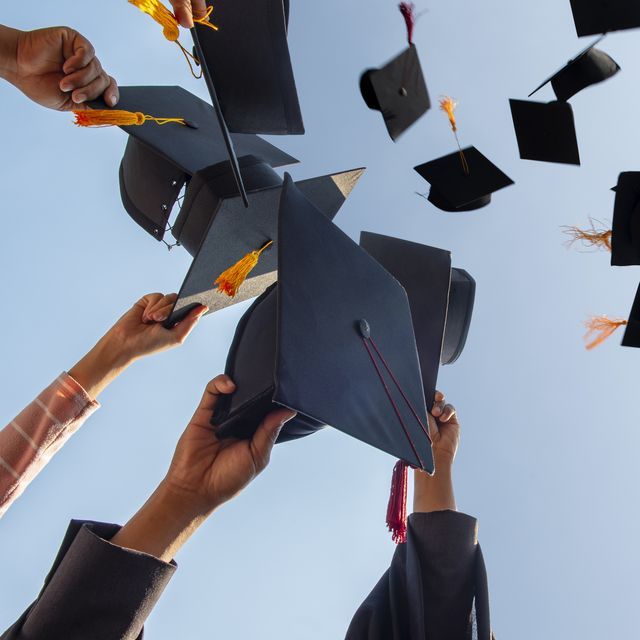 several graduates tossing their caps in the air