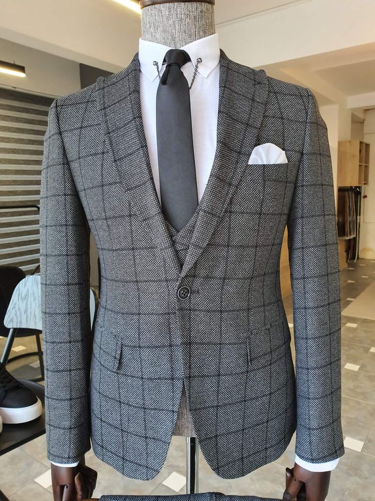 Berton Gray Slim Fit Peak Lapel Plaid Suit – brabion Groom Suit Grey, Pants Gift, Suits Clothing, Best Mens Fashion, Plaid Suit, Suits For Sale, Jacket Vest, Grey Plaid, Peak Lapel