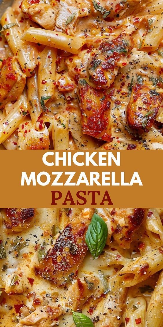 This Chicken Mozzarella Pasta recipe combines tender chicken, gooey mozzarella, and perfectly cooked pasta, all smothered in a rich tomato sauce. Enjoy! Chicken And Ravioli Recipes, Chicken Ravioli Recipe, Pizza Recipes Chicken, Chicken And Pasta Casserole, Pasta Lunch Ideas, Pasta With Mozzarella, Italian Dinner Ideas, Chicken Mozzarella Pasta, Receta Pasta