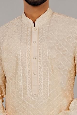 Shop for Vanshik Beige Silk Kurta Set for Men Online at Aza Fashions Beige Kurta, White Churidar, Silk Churidar, Silk Kurta Set, Beige Silk, Silk Kurta, Embroidered Neckline, Cotton Set, Band Collar