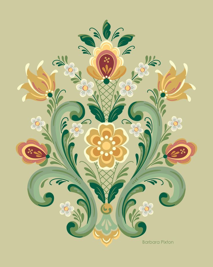 an ornate design with flowers and leaves on a light green background, in the style of art nouveauism