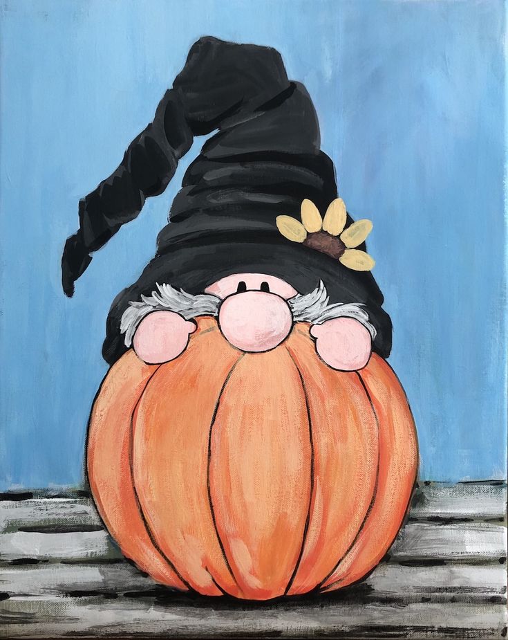 an acrylic painting of a pumpkin wearing a witches hat