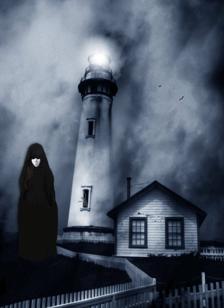 a ghostly woman standing in front of a lighthouse