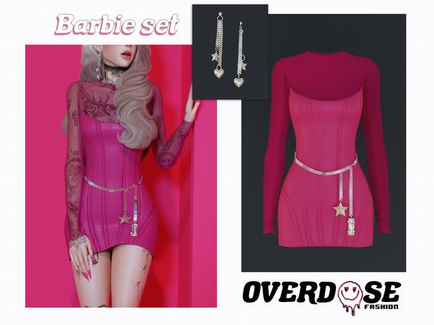 an image of a barbie doll wearing a pink dress and necklaces with the words barbieie set over it