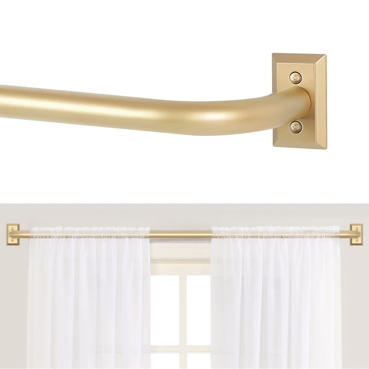 the curtain rod is gold and has two holes on each side, along with white drapes