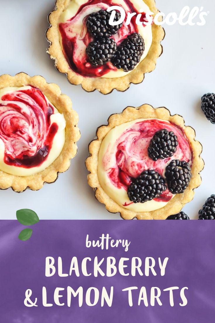 blackberry and lemon tarts with text overlay that reads buttery blackberry & lemon tarts