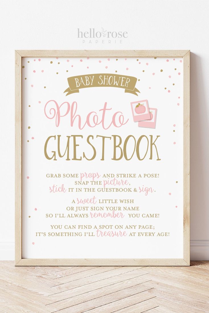 a baby shower photo guest book sign in pink and gold