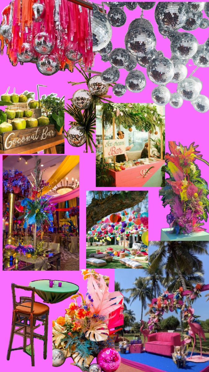 a collage of photos with various items and decorations on it, including chairs, tables, and umbrellas