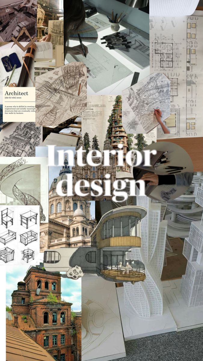 a collage of architectural drawings and photos with the words interior design written in white