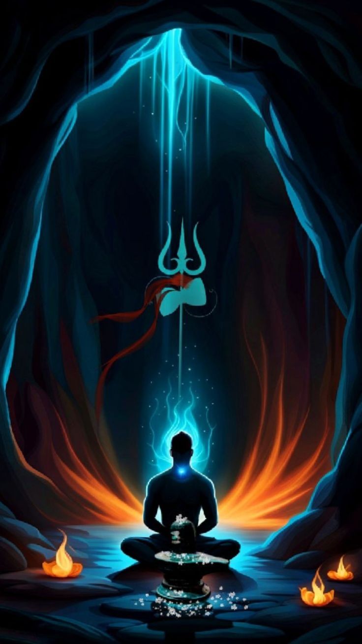 a man meditating in the middle of a cave with fire and water around him