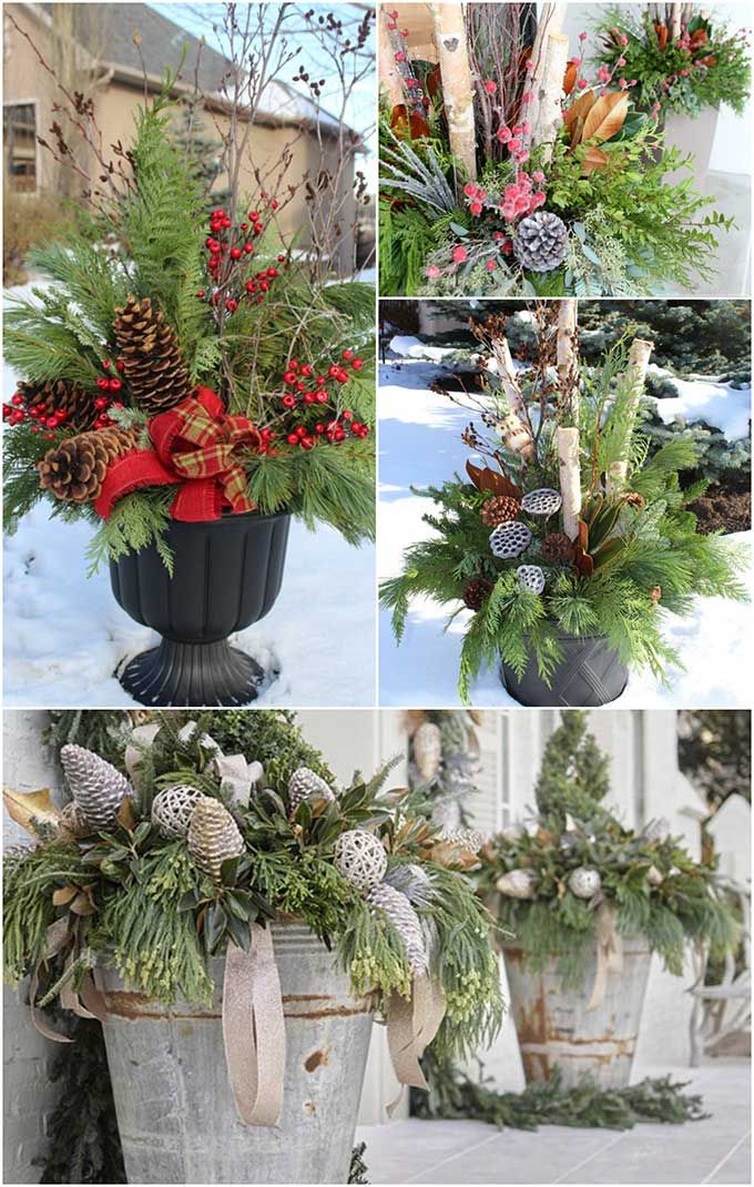 four different pictures of christmas decorations in buckets with pine cones, evergreen and berries