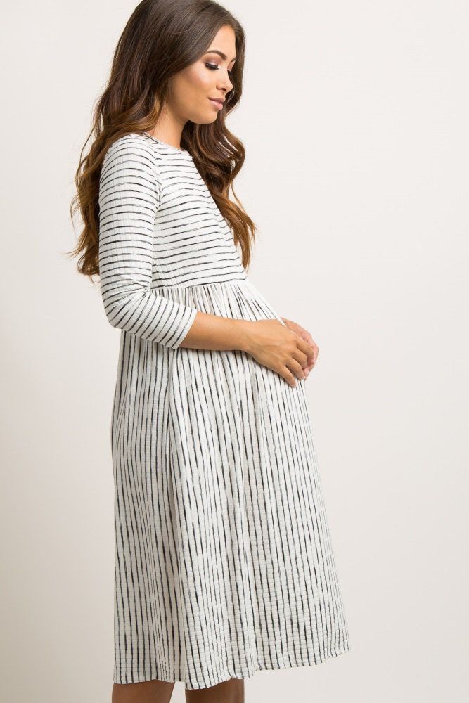 Ivory Ribbed Striped Maternity Midi Dress Pregnant Outfit, Pregnancy Dresses, Dressing The Bump, Pregnant Outfits, Pregnancy Outfit, Pregnancy Dress, Preggo Fashion, Maternity Wardrobe, Maternity Midi Dress