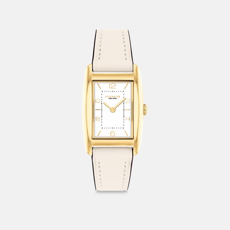 A distinctive stately design the minimalist Reese watch is an elevated choice for everyday. Finished with a leather strap the gold tone design features a satin dial detailed with a mix of numerical and stick markers. | Coach Reese Watch, 24 Mm X 35 Mm - Women's - Chalk Chic Formal Watches With Round Dial, Elegant Yellow Gold Watch For Everyday Wear, Elegant Yellow Gold Watch For Everyday, Elegant Yellow Gold Everyday Watch, Classic Everyday Watch With Round Dial, Classic Everyday Watches With Adjustable Fit, Elegant Analog Watch For Work, Classic Leather Watch Accessories For Office, Classic Gold Watches For Work