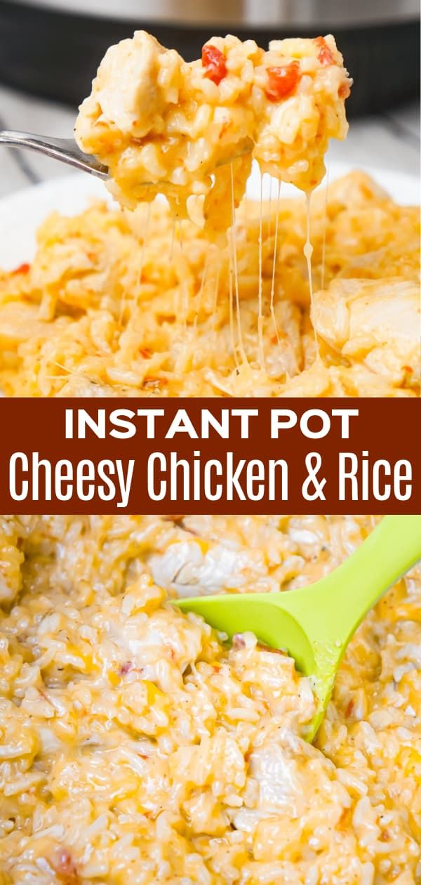 instant pot cheesy chicken and rice casserole with a green spatula