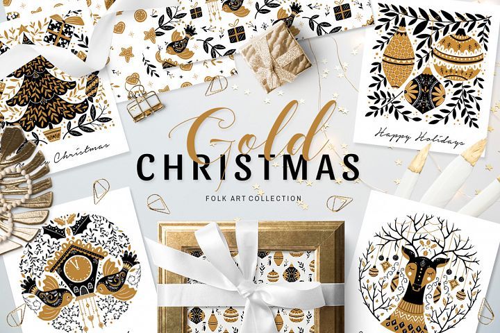 gold christmas cards and envelopes with white ribbon on them, surrounded by golden foil