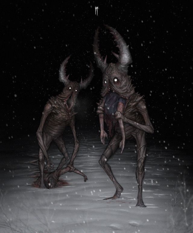 two alien like creatures standing in the snow