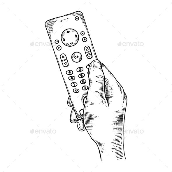 a hand holding a remote control in black and white