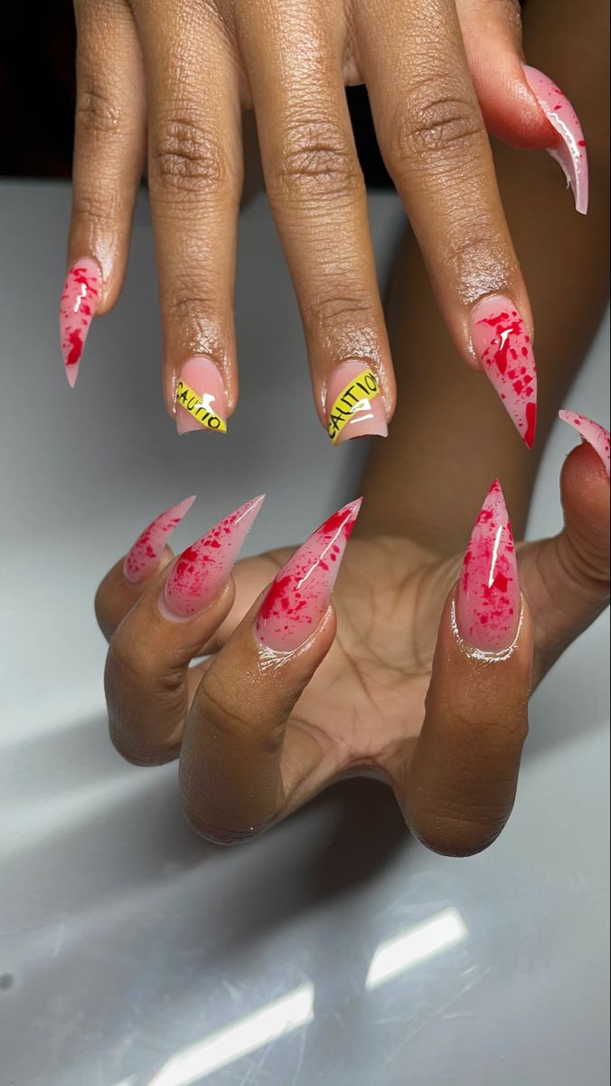 Blood Splatter French Tip Nails, Short Blood Splatter Nails, Caution Tape Nails, Stiletto Spooky Nails, Caution Nails, Halloween Stiletto Nails Design, Stiletto Nails Halloween, Halloween Nails Stiletto, Fang Nails