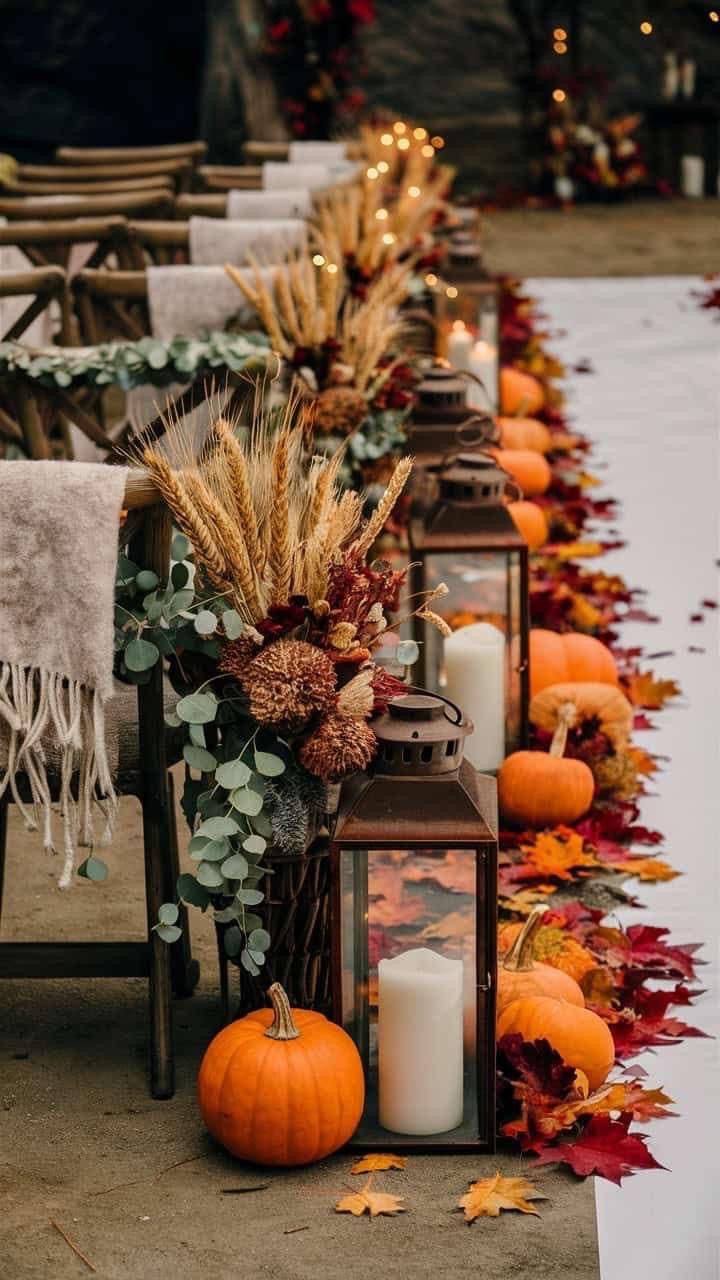 a long table with candles and pumpkins on it