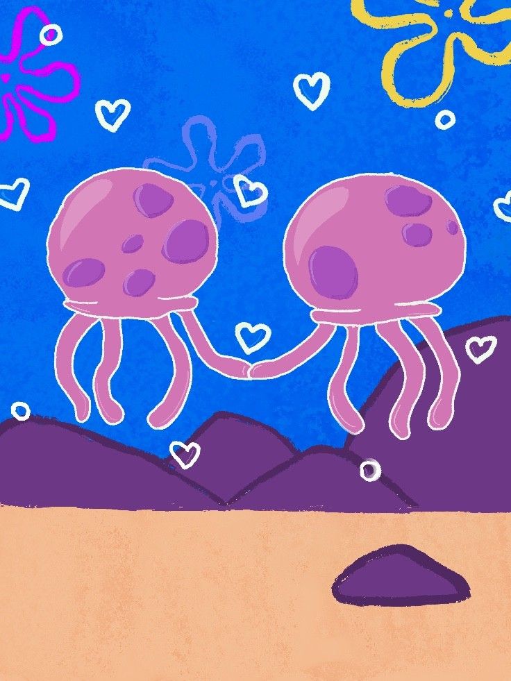 an image of two jellyfishs on the beach with hearts in the sky above them