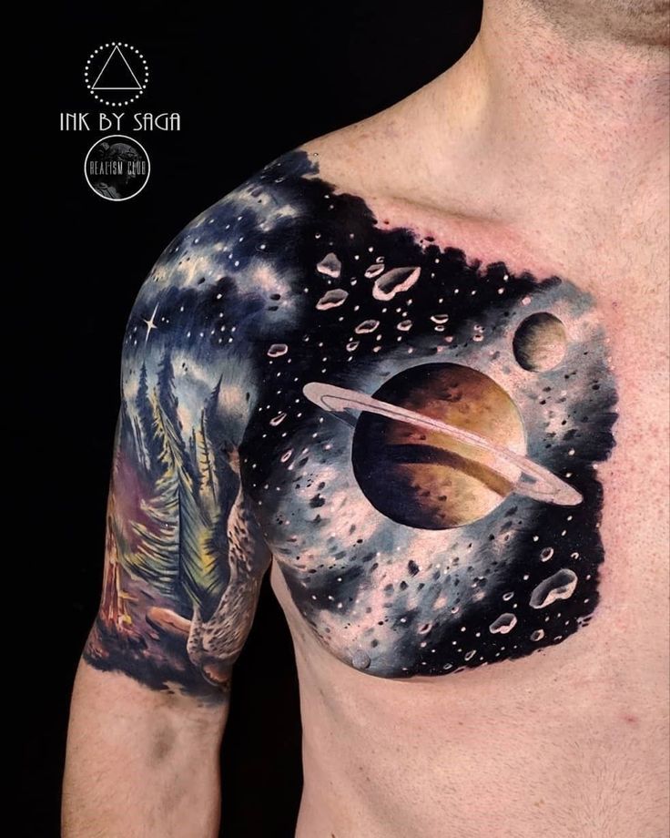 a man with tattoos on his chest has an image of the planets and stars in space