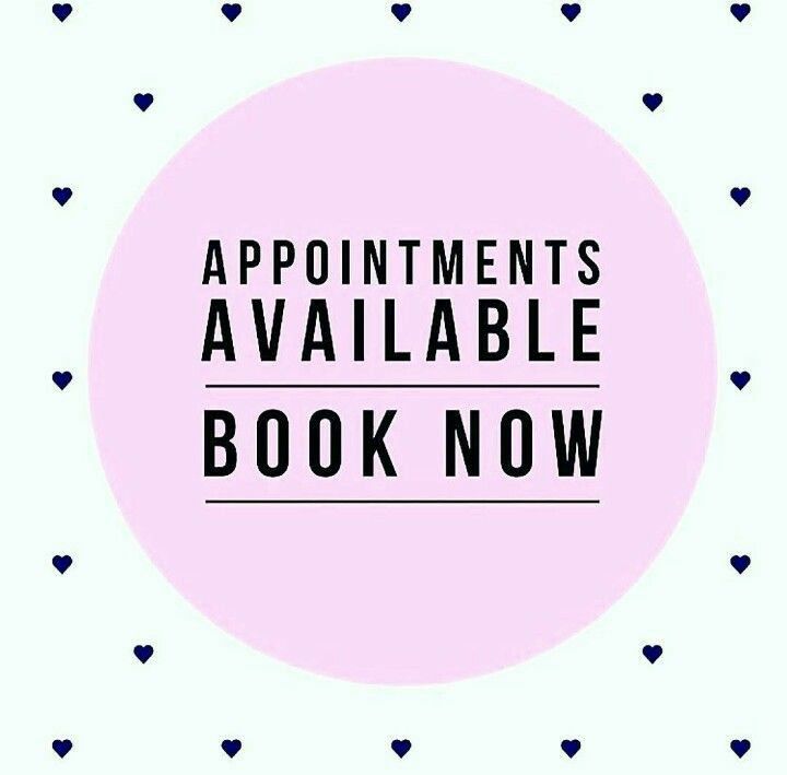 the words appointments available book now on a pink circle with blue hearts around it