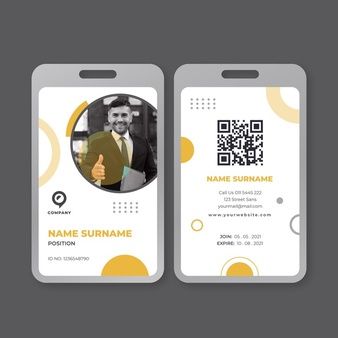 a business id card with a photo on the front and back, in yellow circles