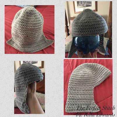 three pictures of a crocheted hat with different patterns