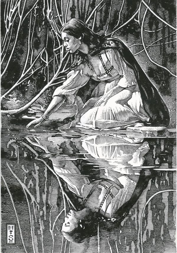 a drawing of a woman sitting in the water with her head down and looking at something