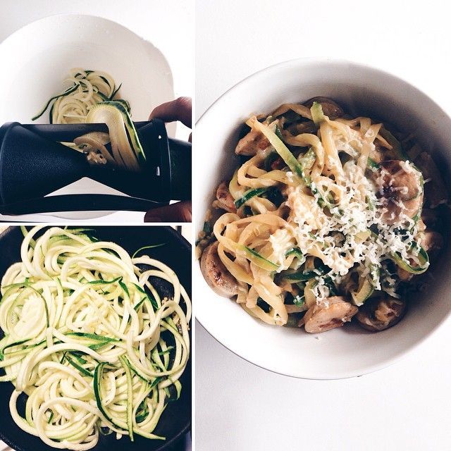 three pictures show different types of pasta and vegetables in white bowls, including zucchini noodles with parmesan cheese on top