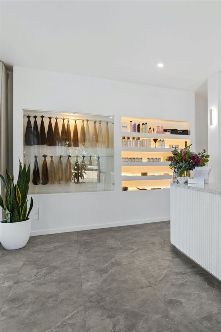 an empty room with several bottles on the wall and a potted plant next to it