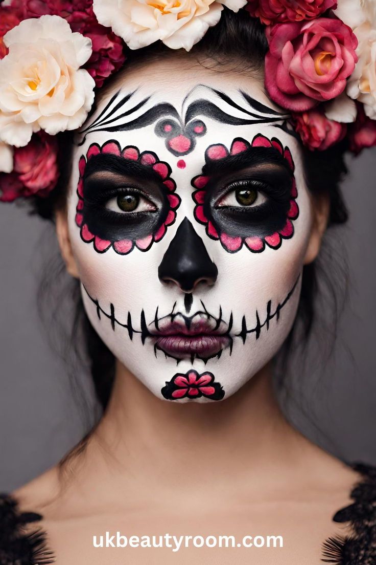 Sugar skull makeup is a colorful and artistic face painting style inspired by the Mexican holiday, Día de los Muertos (Day of the Dead). It involves using bright colors, white and black paint to create designs on the face that resemble ornate sugar skulls. This post list 17 pretty sugar skull makeup ideas you can create at home. easy, pretty, tutorial, easy simple, for men, half, kids easy, DIY, for men with beards, half face, step by step Dia Los Muertos Makeup, Sugar Skull Makeup Easy, Skull Makeup Ideas, Sugar Skull Makeup Tutorial, Mexican Makeup, Sugar Skull Face Paint, Skull Makeup Tutorial, Makeup Ideas For Halloween, Halloween Makeup Sugar Skull