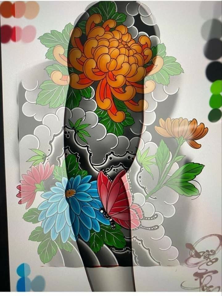 an artistic tattoo with flowers and clouds in the background, on a white sheet that has multicolored circles around it