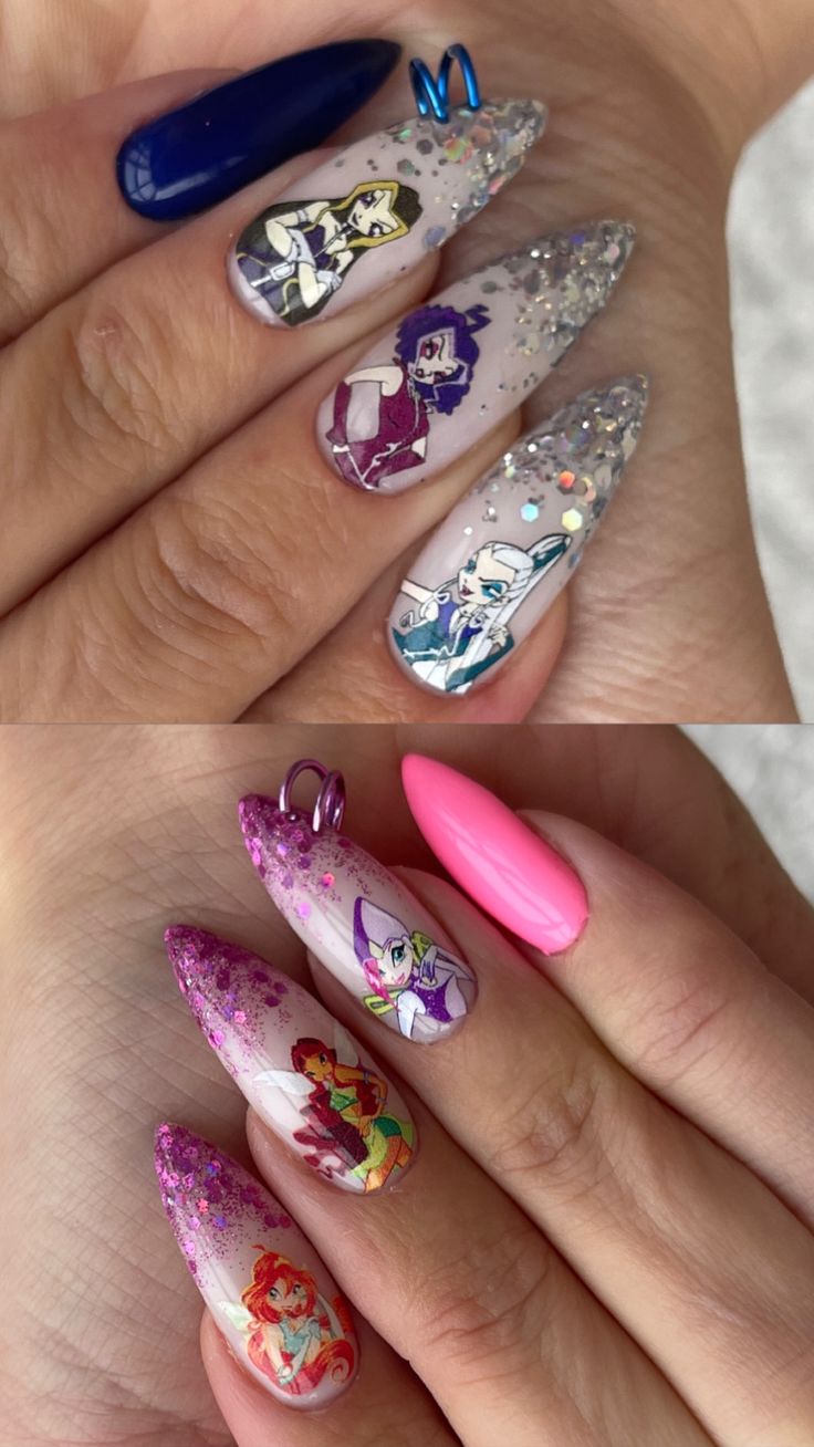 Winx Club Inspired Nails, Winx Inspired Nails, Winx Club Nails, Aestethic Nails, Black Acrylic Nail Designs, Black Acrylic Nails, Bloom Winx Club, Anime Nails, I Love Nails