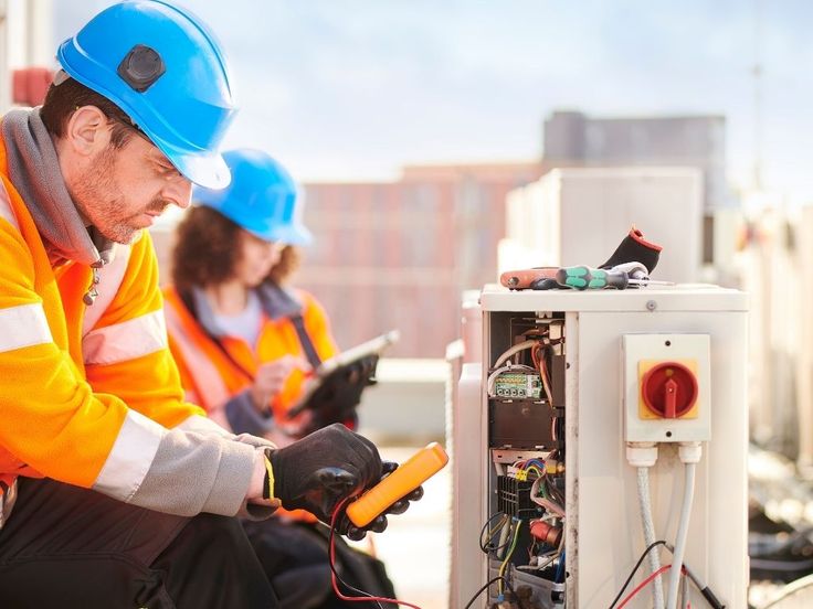 two people in hardhats working on an electrical device