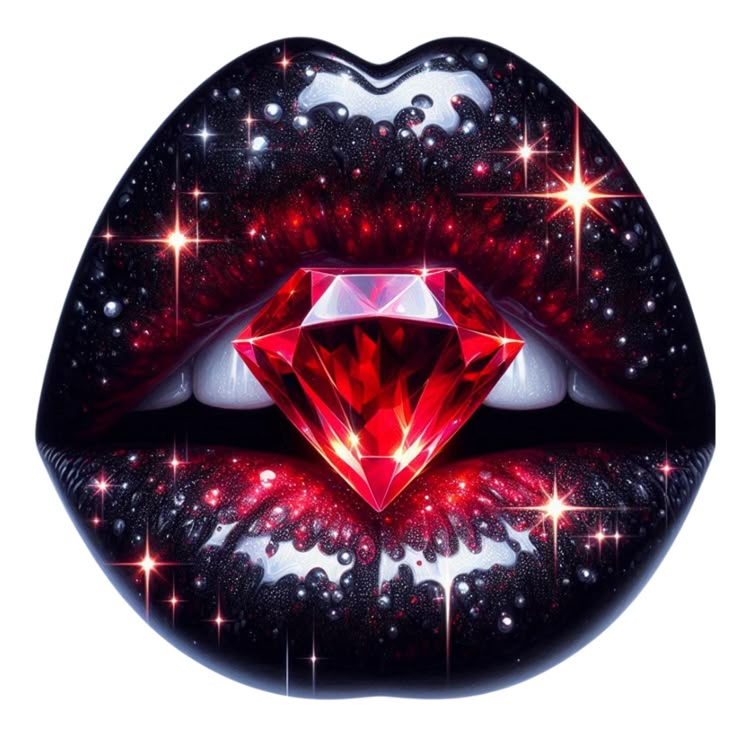 a woman's lips with red and white glitters on them, as well as a diamond in the center