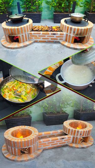 an outdoor cooking area with various pots and pans on the stove top, in different stages of being cooked