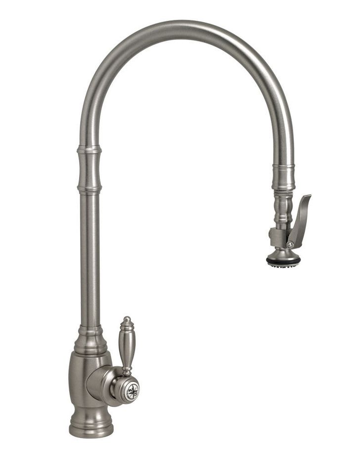 a kitchen faucet with two spray spoutes and nozzles on the side