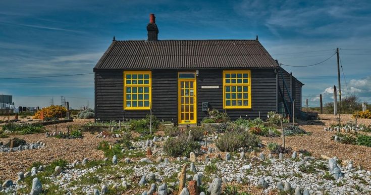 a small black house with yellow windows on the roof and plants growing in front of it