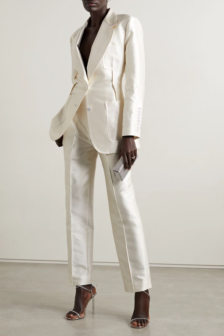 EXCLUSIVE AT NET-A-PORTER. Christopher John Roger's pants are made from lustrous cotton and silk-blend satin. Designed with a wide, high-rise waistband, they have elongating pressed creases along the straight legs. Wear them as a set with the matching blazer for your rehearsal dinner. Trends Ss24, Christopher John Rogers, Bridal Wardrobe, Satin Suit, Satin Trousers, Satin Blazer, Trouser Outfits, Shades Of Beige, Trouser Suits